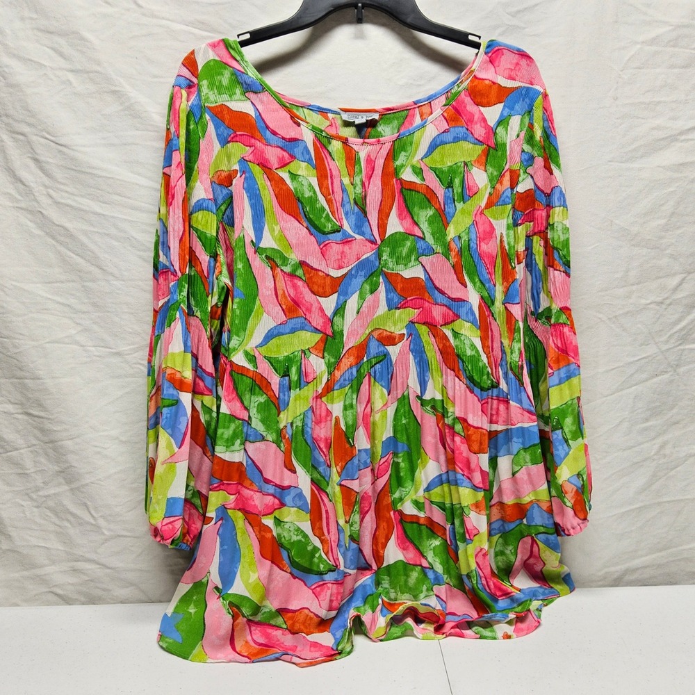 Floral & Ivy Blouse Womens 2X Multicolor Abstract Leaf Plisse Long Sleeve Scoop - Picture 2 of 6